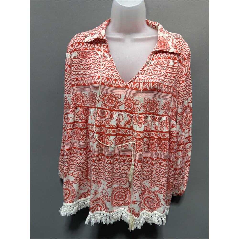 Ivy Jane Women’s Oversized Fringe Hem Floral Tunic Top BOHO, Medium Made USA